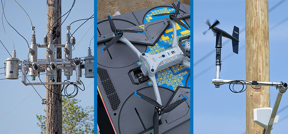 Image showcasing three innovations Consumers Energy is using to improve electric reliability – drones, Automatic Transfer Reclosers and Weather stations